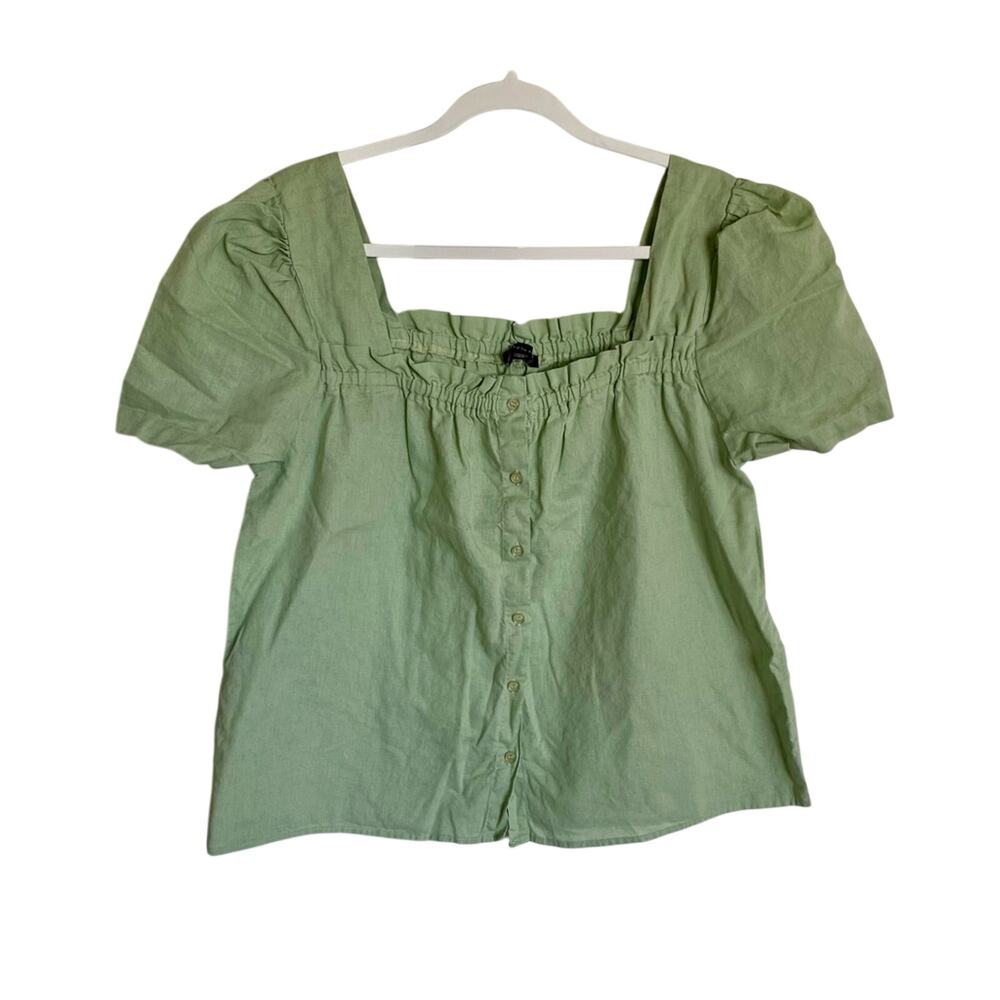 Saks Fifth Avenue Linen/Cotton Blend Square Neck Ruffle Trim Preppy Button Down